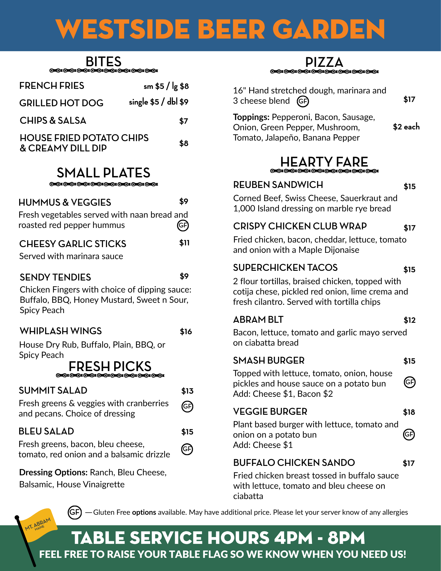 Westside Beer Garden menu with sections Bites, Pizza, Small Plates, Hearty Fare and sample dishes with prices.