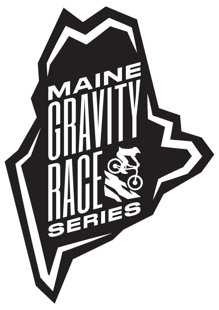 Logo for Main Gravity Series: bold white text on a jagged black badge with a cyclist icon, tilted at an angle