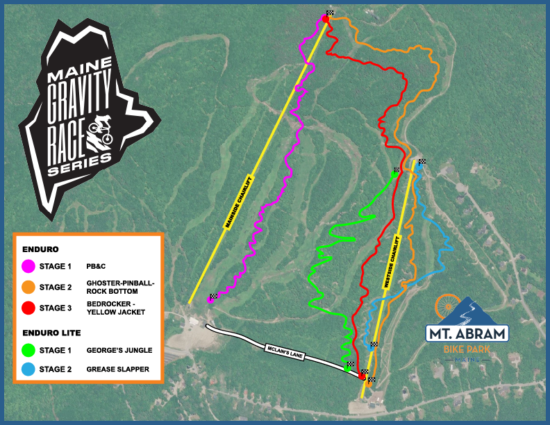 Map of Maine Gravity Race Series with color-coded Enduro and Enduro Lite routes, stage names, and park logos.